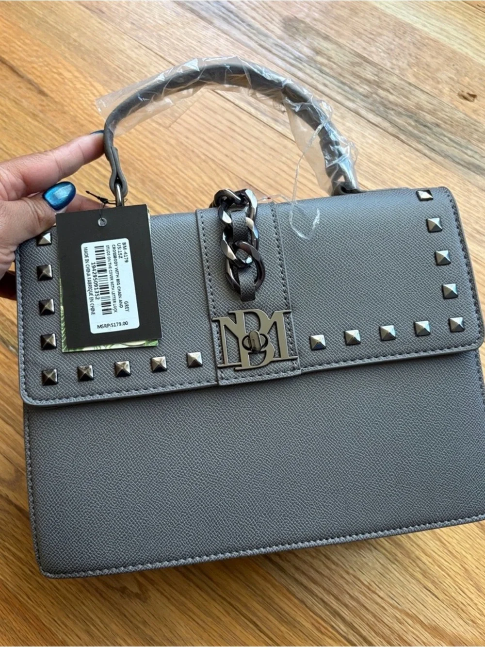 Badgley Mischka Grey Studded Top-Handle Satchel with Chain Accent